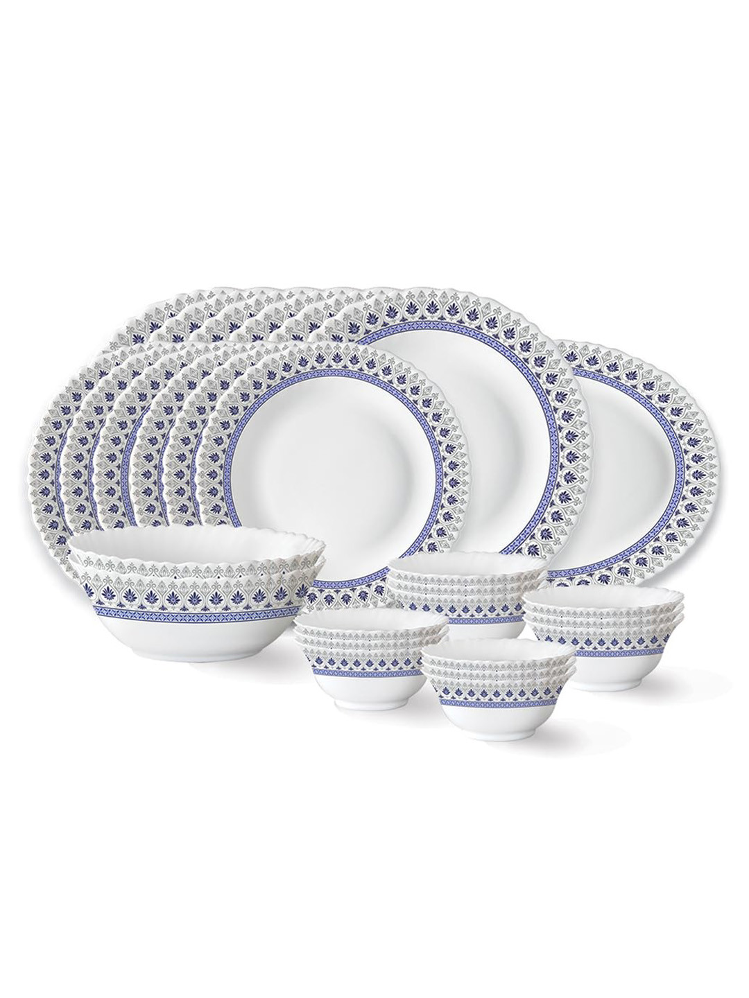 Larah by BOROSIL Ocean White Ethnic Motifs Opalware Microwave Safe 27 Piece Dinner Set