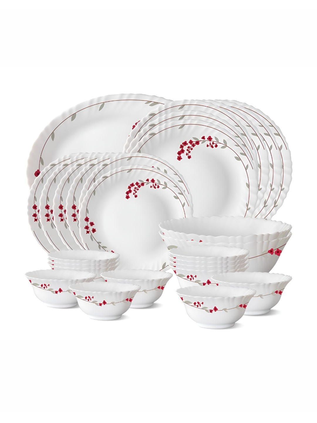 Larah by BOROSIL 27 Pcs White Printed Opalware Dinner Set