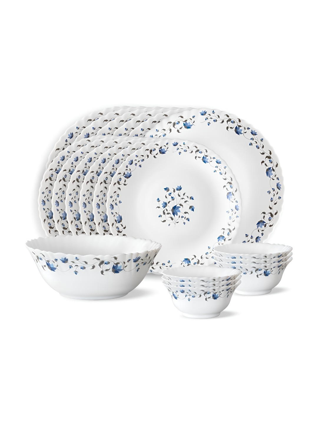 Larah by BOROSIL Fluted White Floral 19Pcs Opalware Crocker Dinner Set