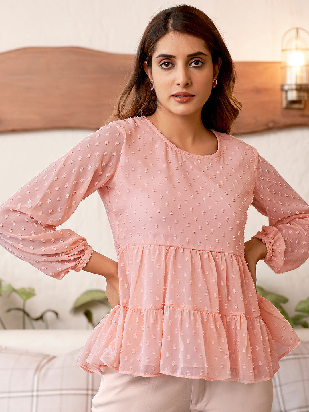 Selvia Long Puff Sleeve Round Neck Tiered Top