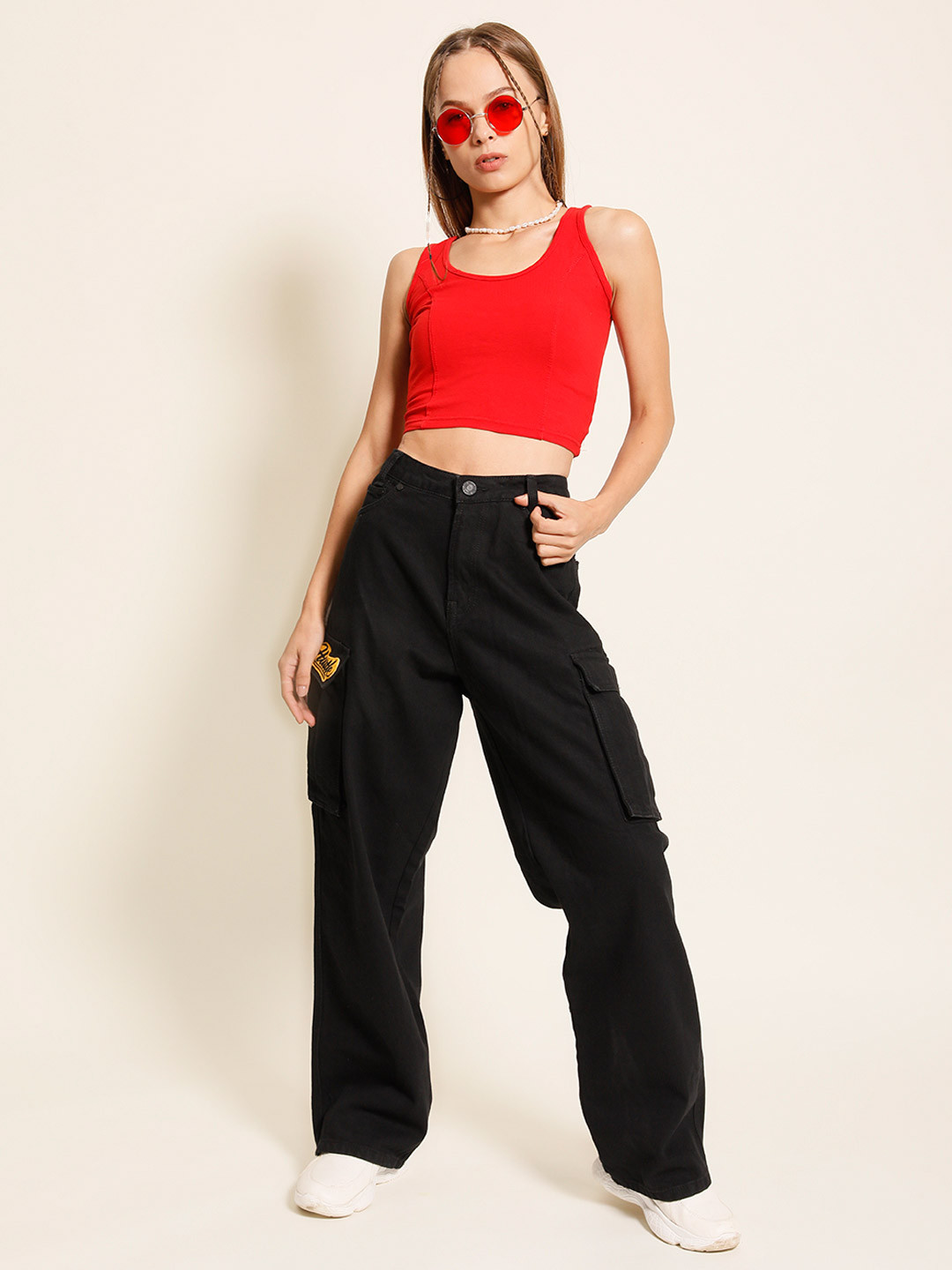 Bene Kleed Women Badge Work High Rise Relaxed Fit Cargo Jeans