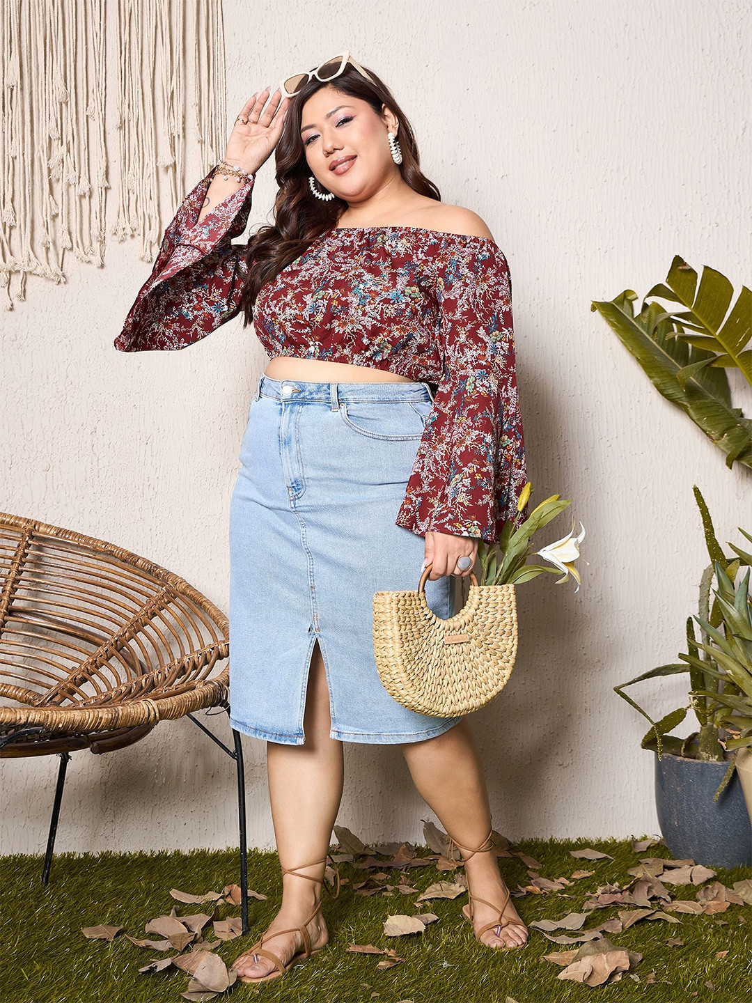 Berrylush Curve Floral Printed Off-Shoulder Bardot Crop Top