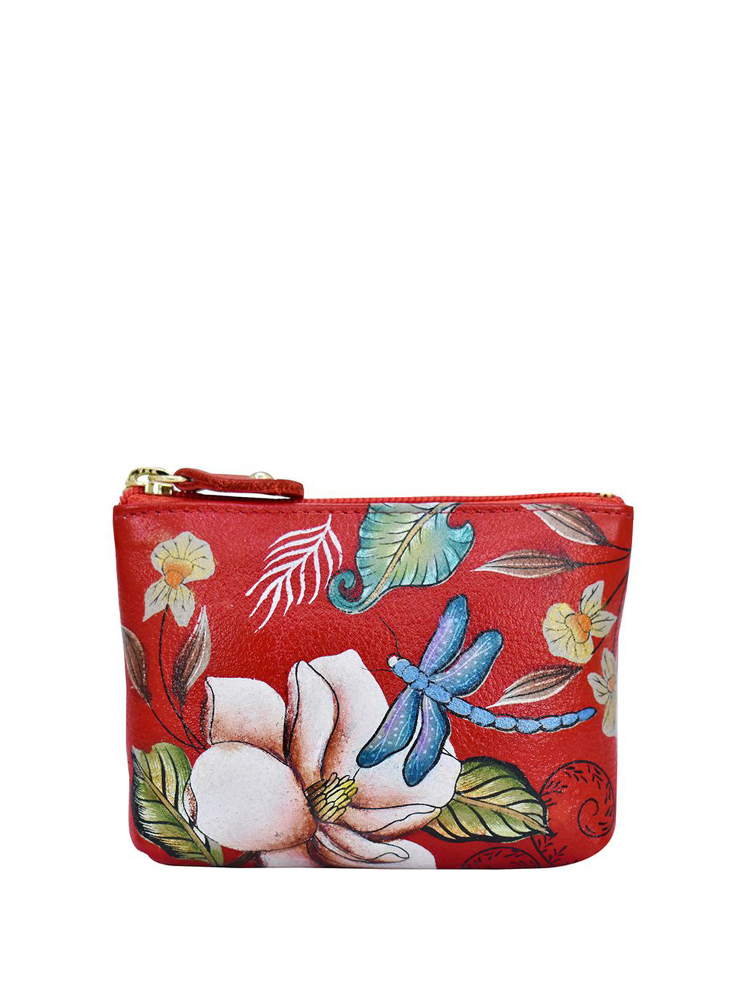 Anuschka Hand Painted Crimson Garden Leather Coin Pouch