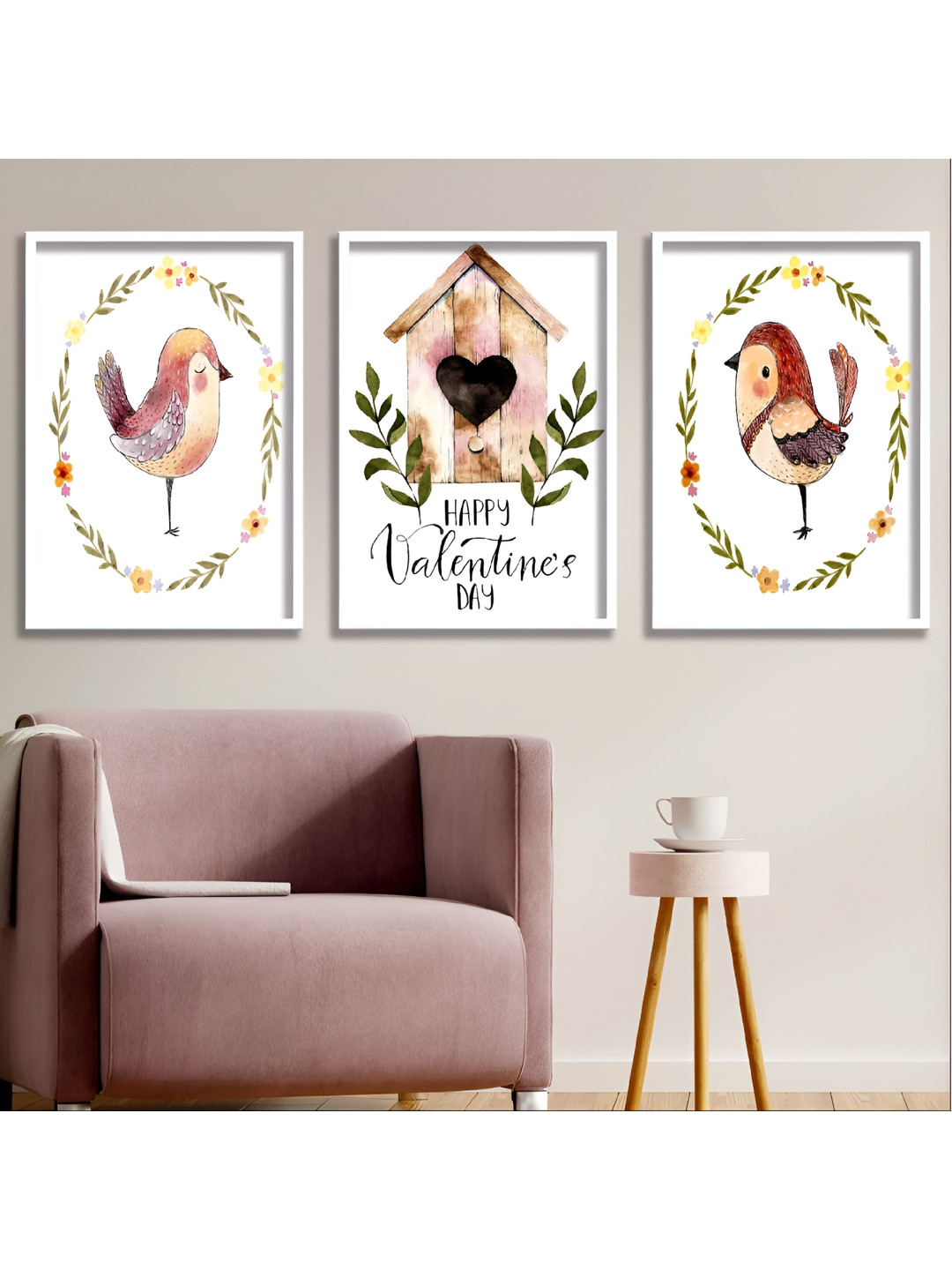Aura White & Beige 3 Piece Wood Birds and Animals Wall Paintings