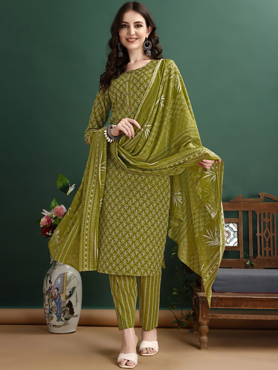 KALINI Women Ethnic Motifs Printed Regular Kurta with Trousers & Dupatta