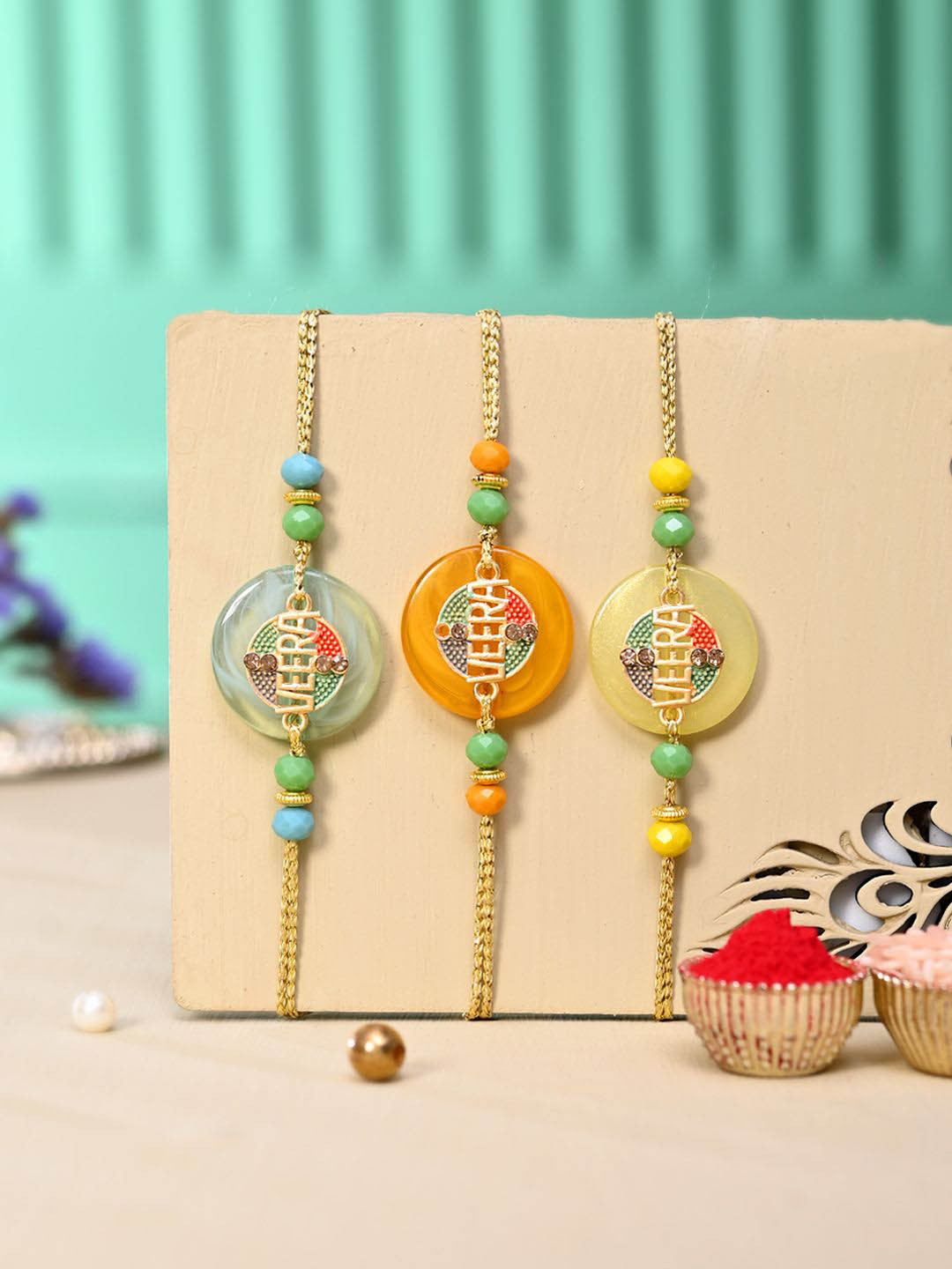 Aapno Rajasthan Unisex  Set of 3 Designed Bead Work Thread Rakhi