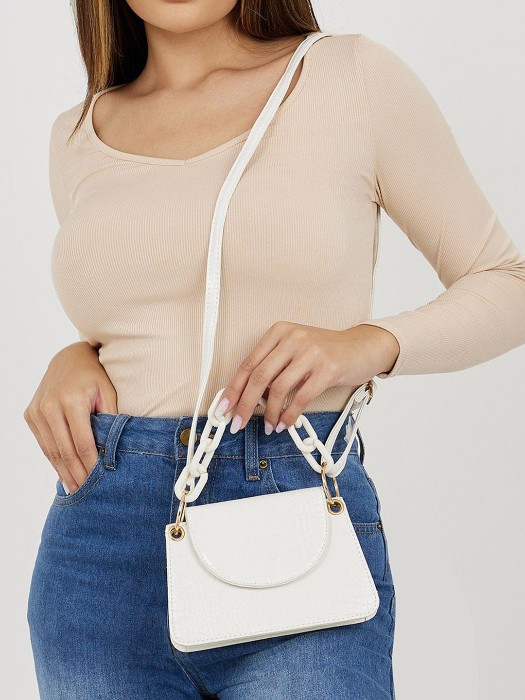Styli White Textured Crossbody Sling Bag