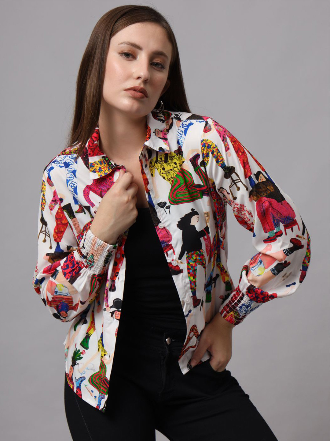 CHARMGAL Women Long Sleeves Classic Slim Fit Smocking Detail Printed Shirt