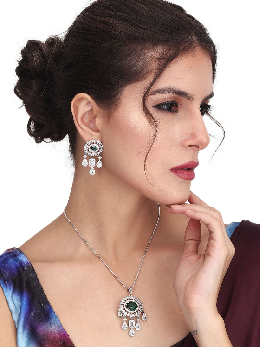 Anvik Women Silver-Plated CZ Stone Studded Jewelry Set