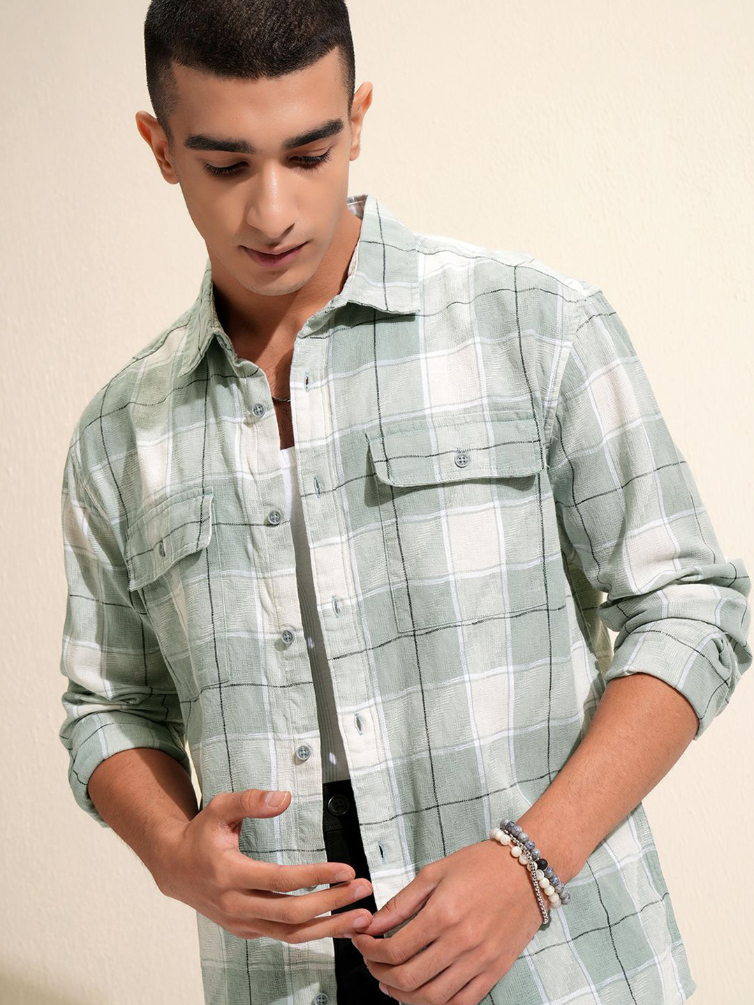 HIGHLANDER Men Sea Dobby Textured Checked Utility Pocket Relaxed Shirt