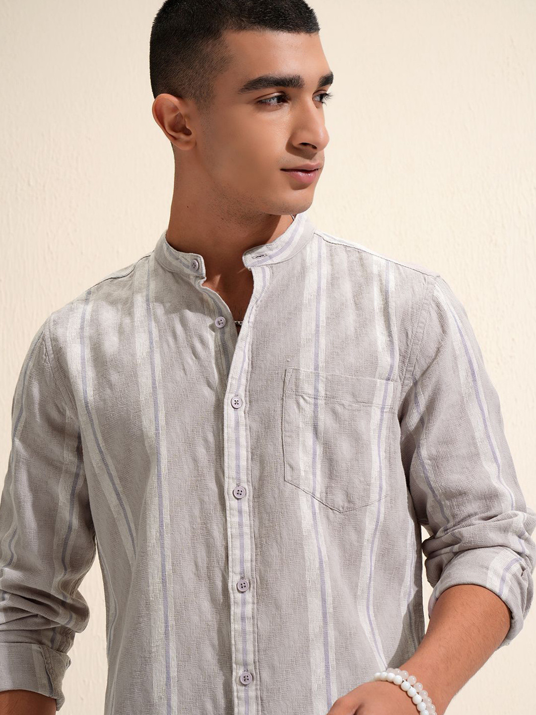 HIGHLANDER Men Tan Dobby Textured Stripe Mandarin Collar Casual Shirt