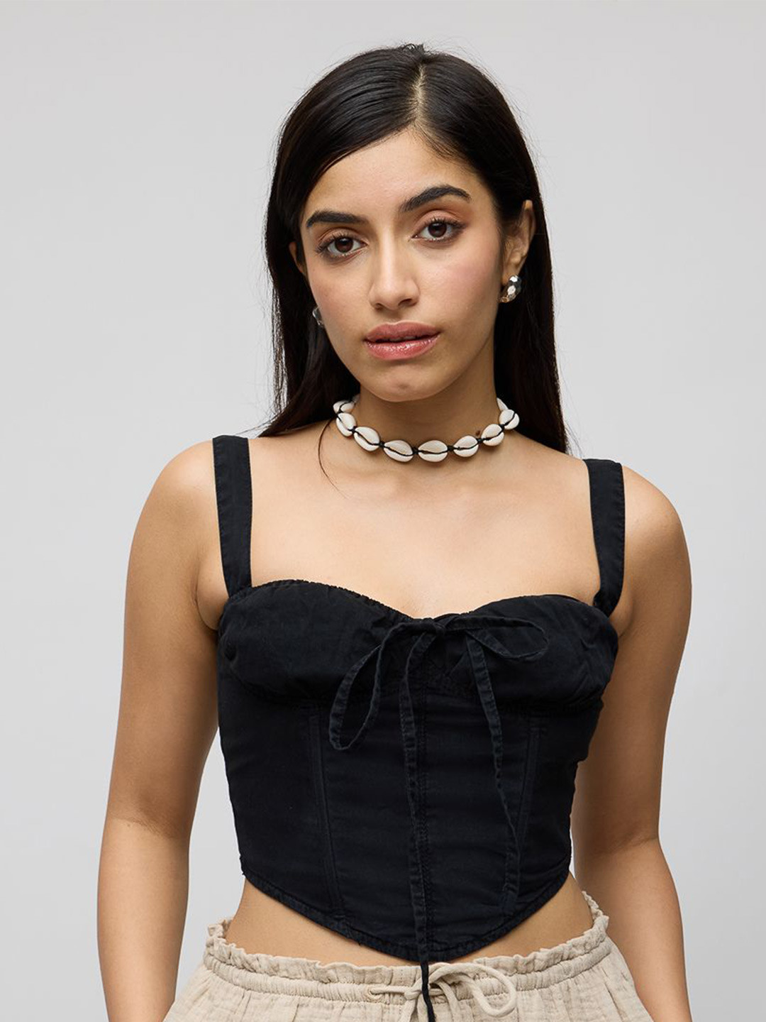 FREAKINS Black Sweetheart Neck Crop Top with Shoulder Straps