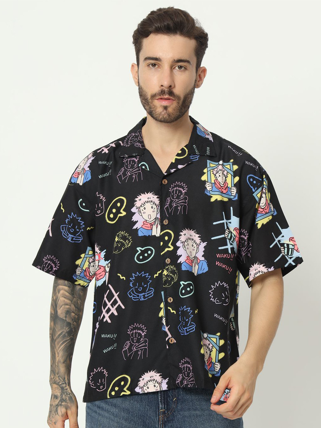 COMICSENSE Jujutsu Kaisen Anime Itadori Dark Printed Oversize Kimono Fit Hawaiian Shirt