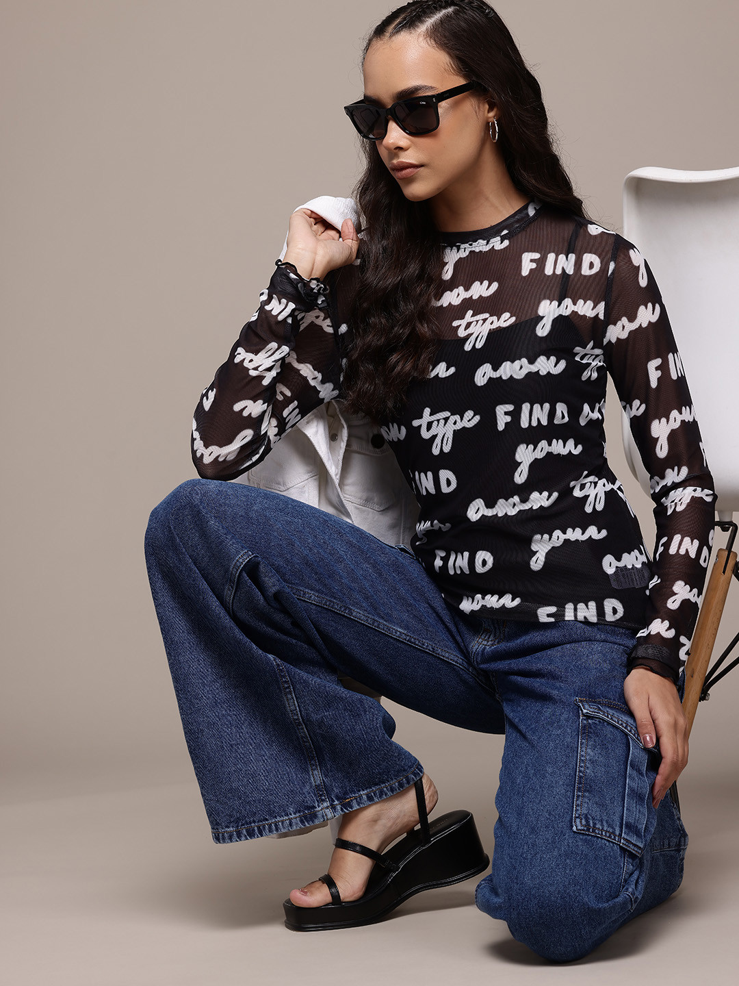 The Roadster Lifestyle Co. Printed Sheer Lettuce Hem Top