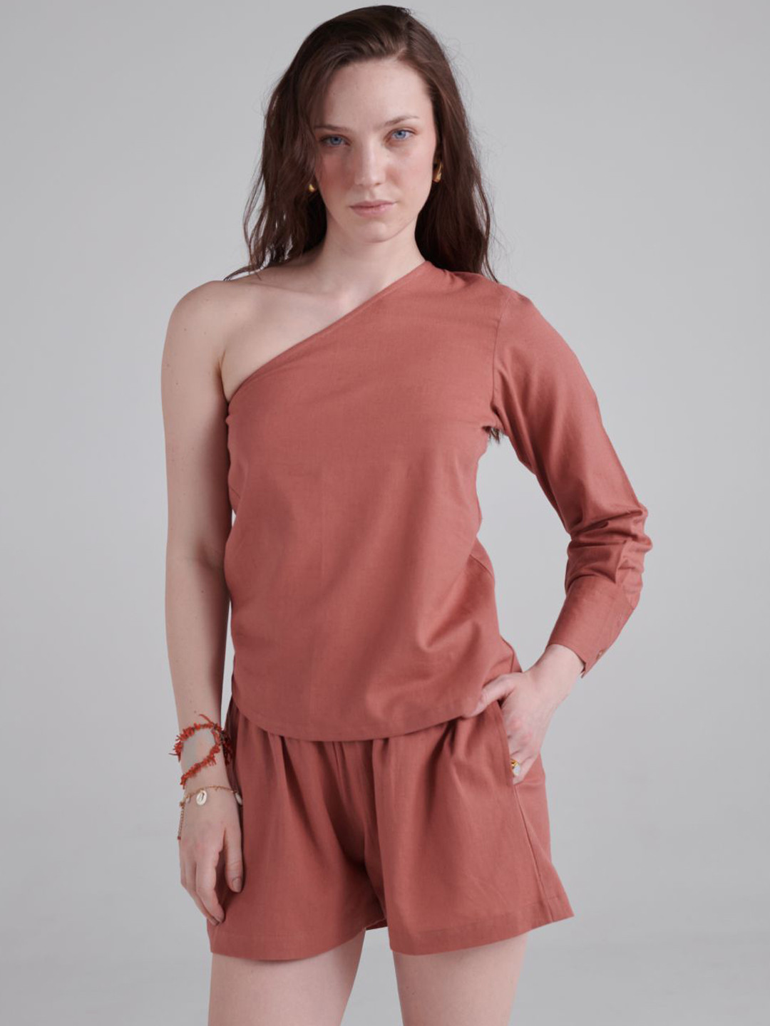 Midsummer One Shoulder Neck Top & Flared Shorts Co-Ords MSS24B111-XS-Rust