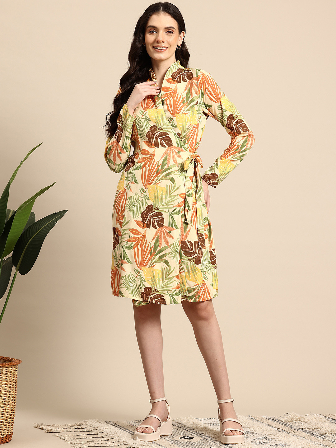Mast & Harbour Tropical Print Wrap Midi Dress