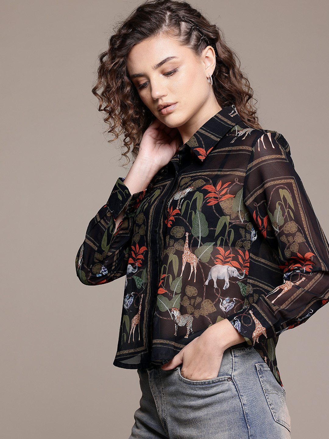 Roadster Women Floral With Animal Graphics Semi Sheer Boxy Shirt