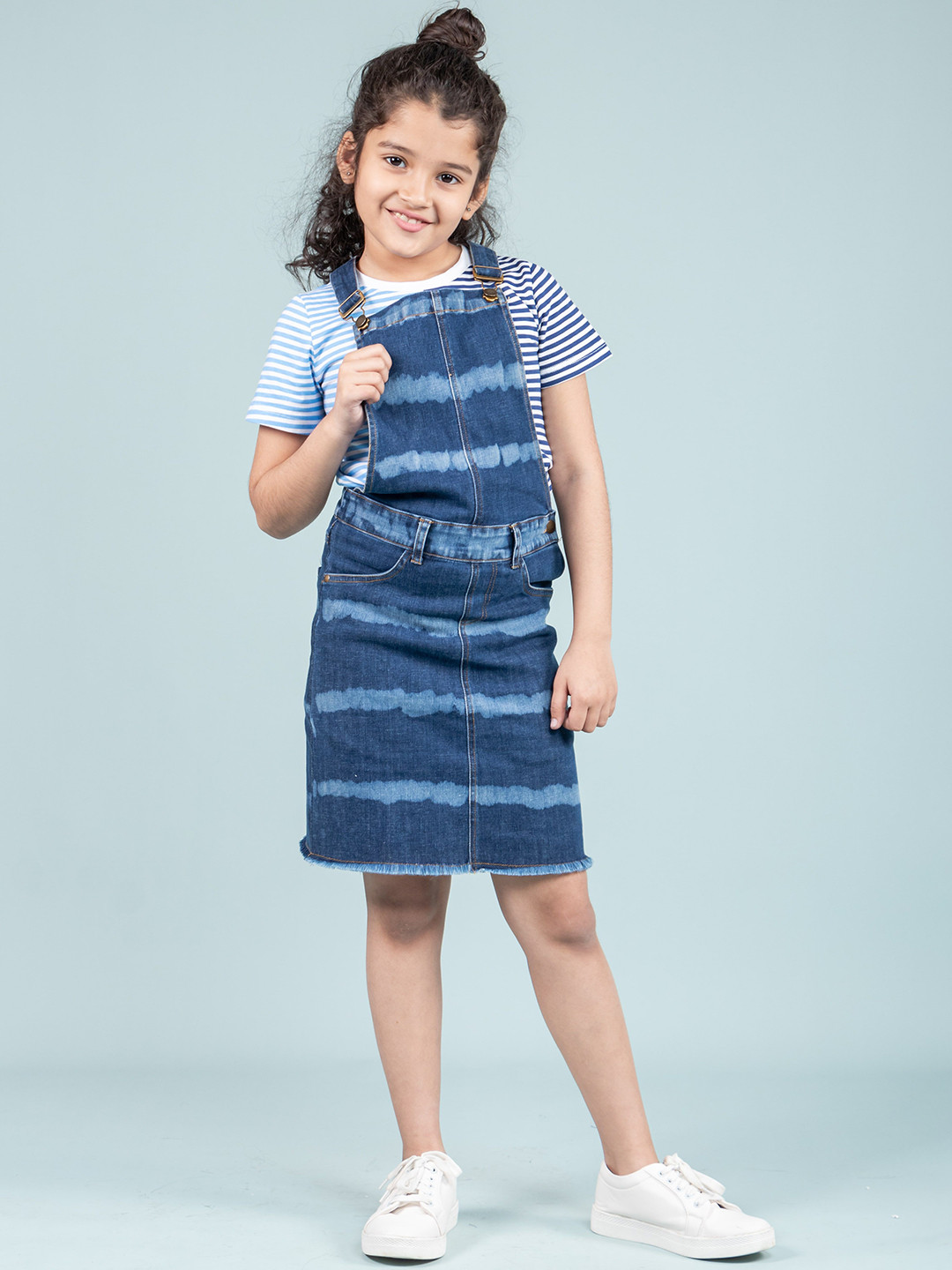 TWEENY MINI Girls Denim Pinafore Dress with Short Sleeves T-shirt