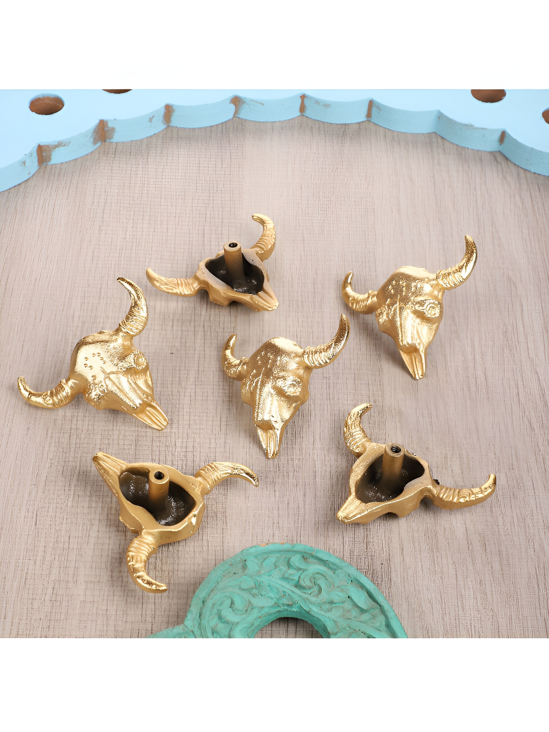 Two Moustaches Gold Plated 6 Pieces Buffalo Skull Design Iron Knob Holders