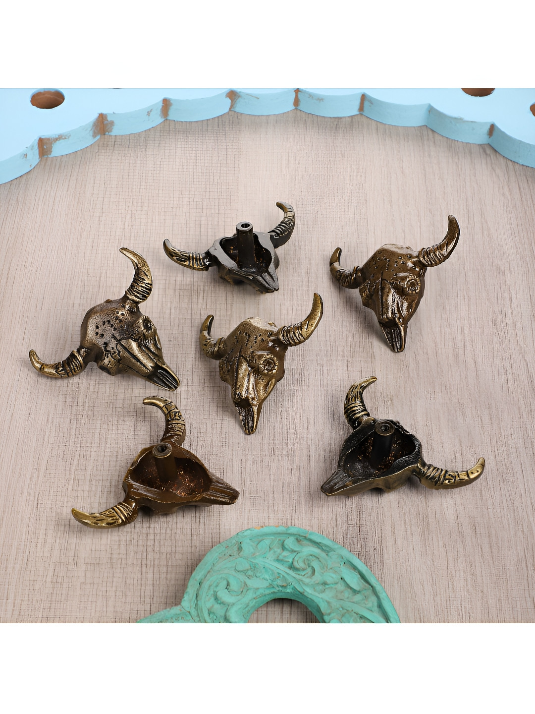 Two Moustaches Bronze Toned 6 Pieces Buffalo Skull Design Iron Knob Holders