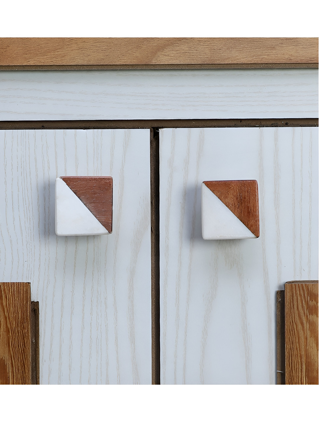 Two Moustaches Square Shaped Brown & White 2 Pieces Marble & Wood Knob Holders