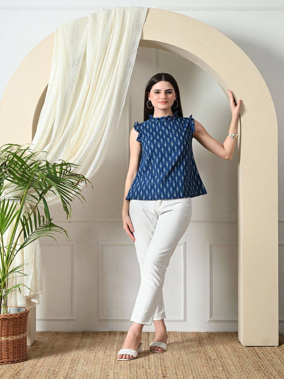 DECKEDUP Print Flutter Sleeve Cotton Top