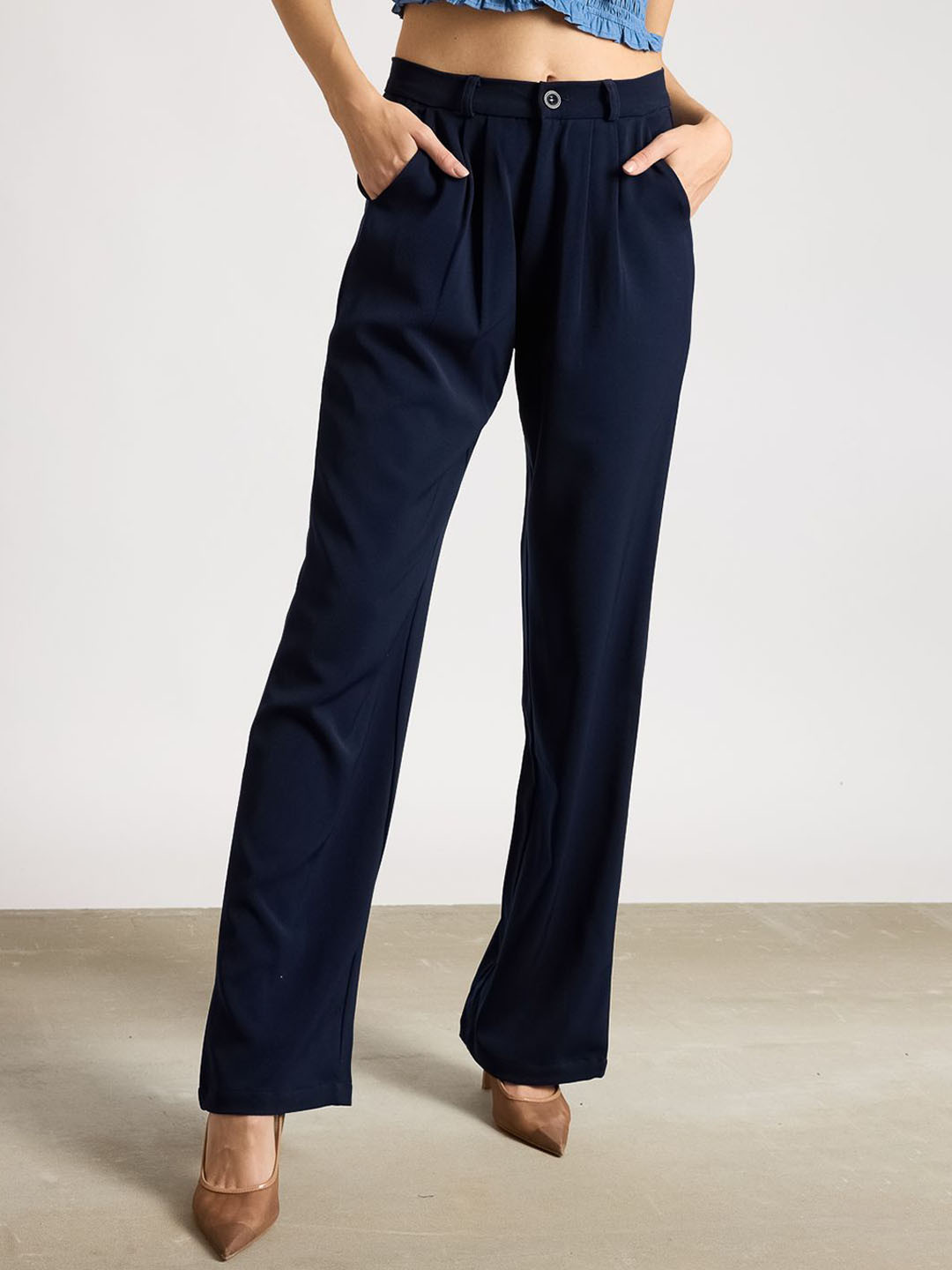 FREAKINS Women's Pleated Navy Blue Korean Pant