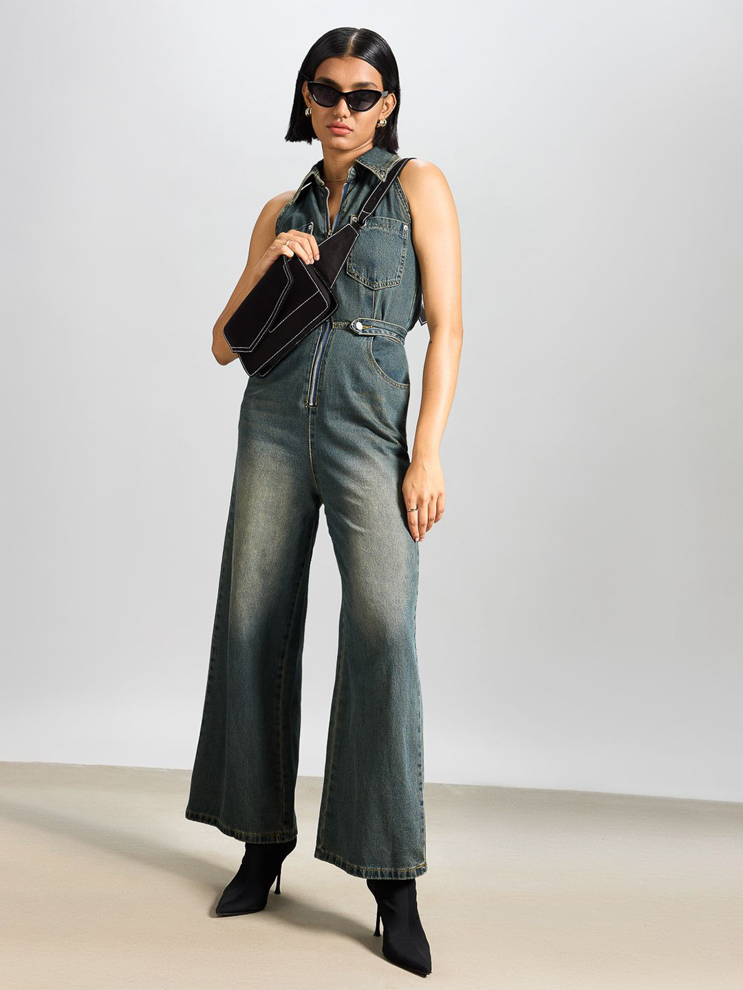 FREAKINS Women Halter Neck Basic Denim Jumpsuit