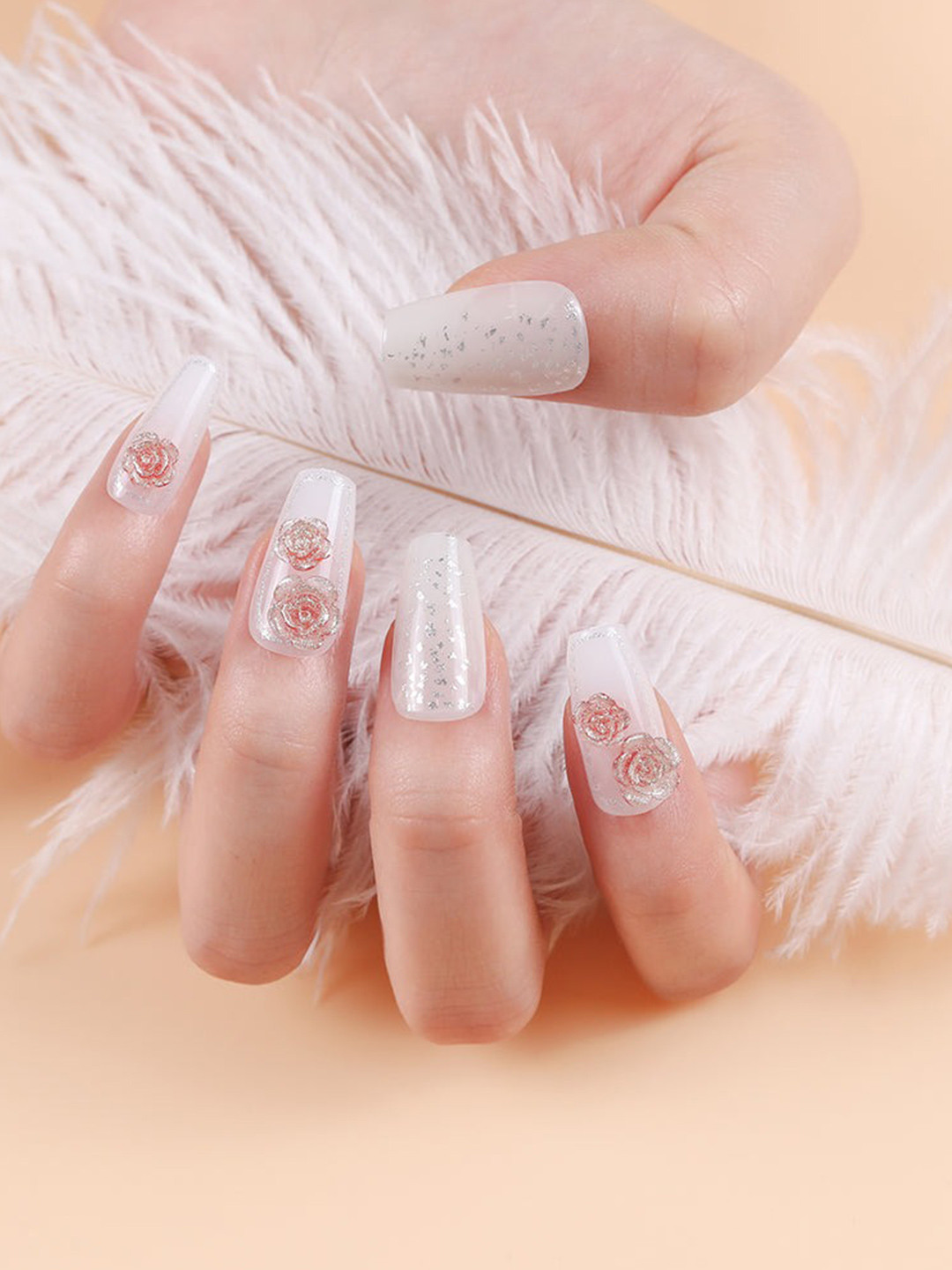 LICK Set Of 30 Glossy Long Glitter & Flower Fake Nails - White