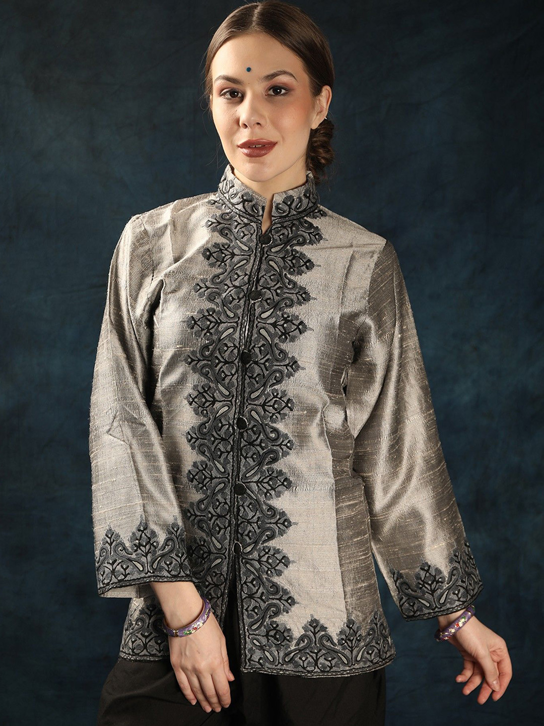 Exotic India Flint Gray Pure Silk Kashmiri Short Jacket with Paisley Aari Embroidery