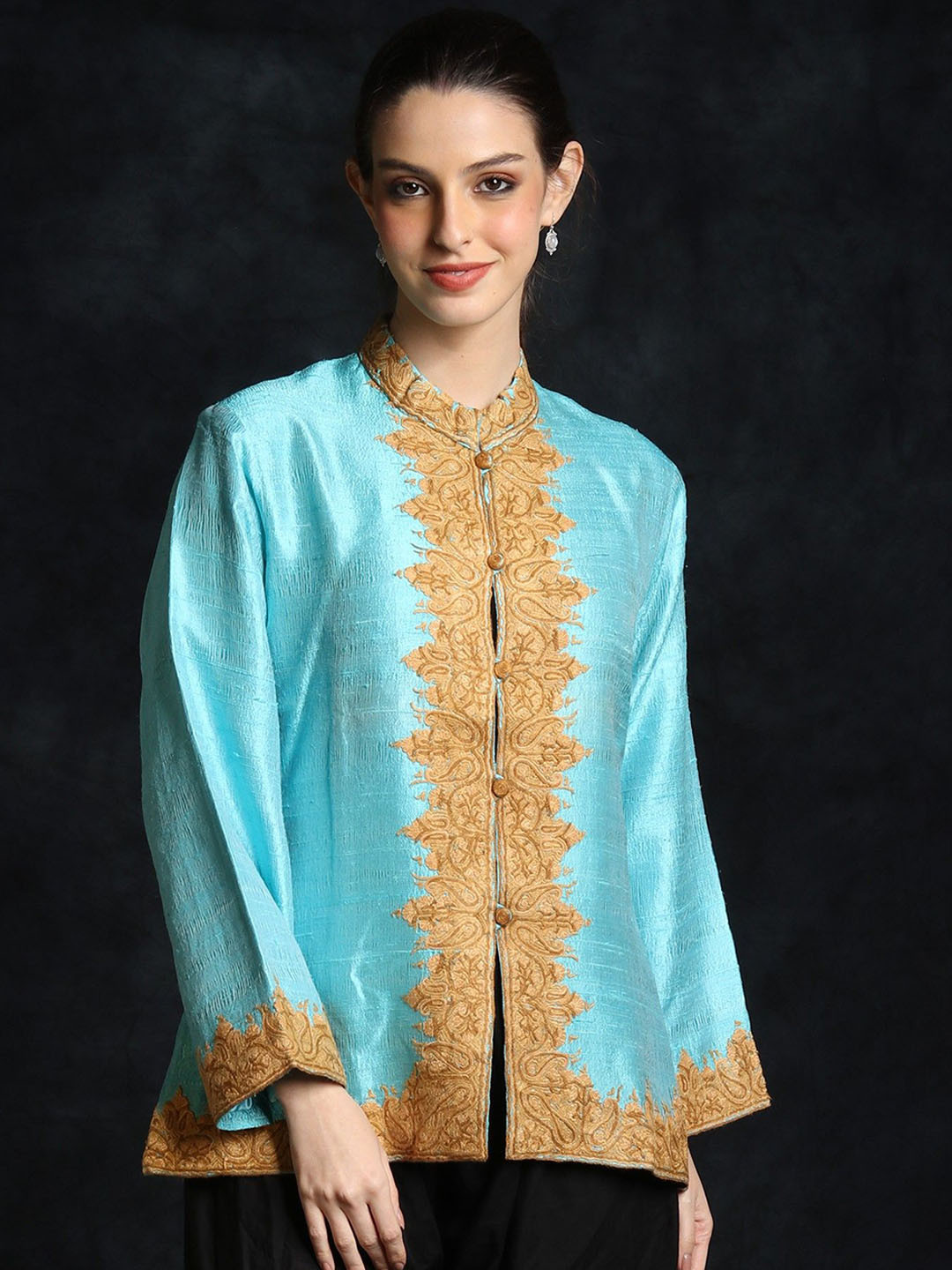 Exotic India Tropical Breeze Pure Silk Kalka Pattern Hand Aari-Embroidered Short Jacket
