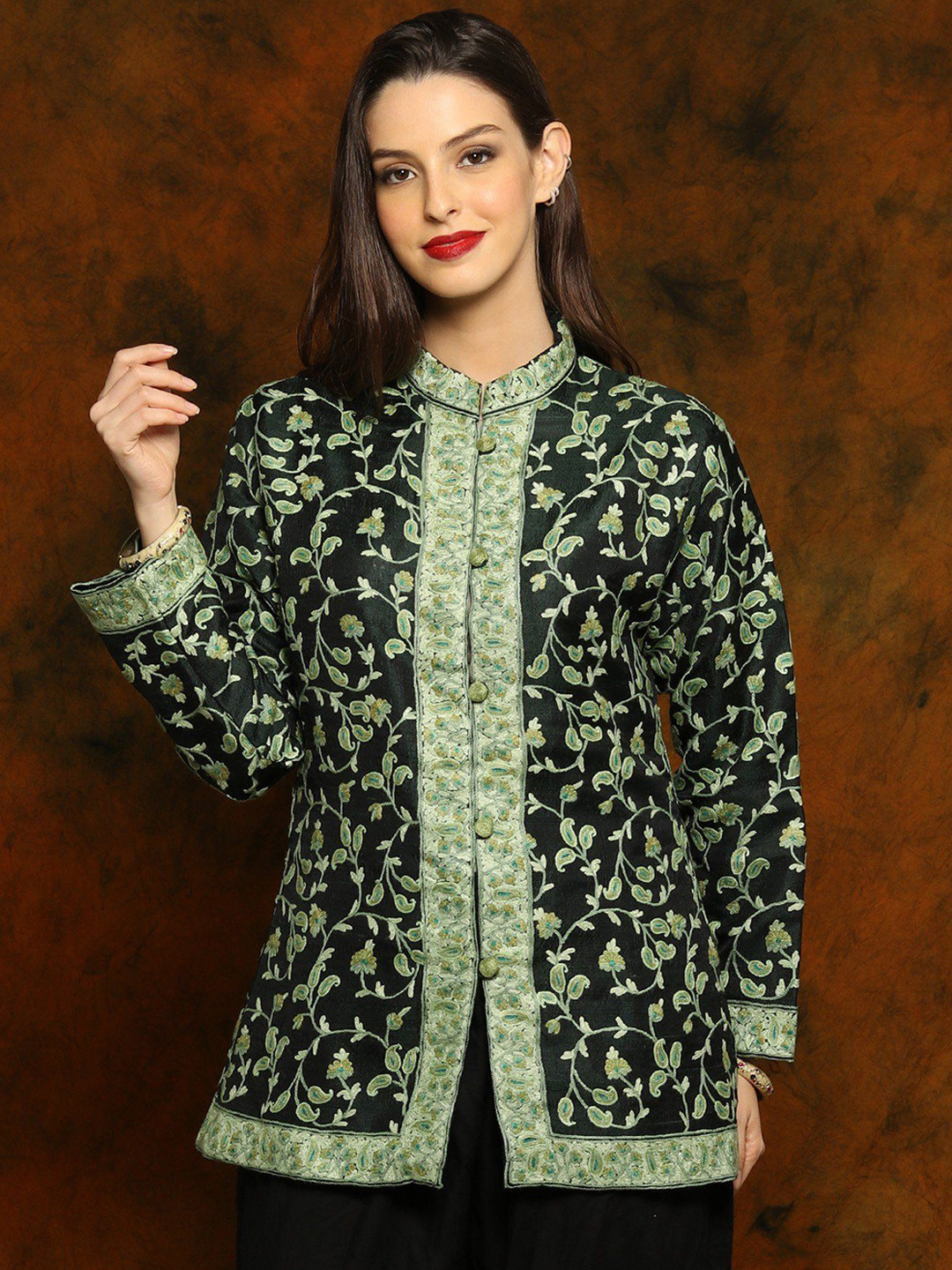 Exotic India Kashmiri Black Silk Short Jacket with Detailed Aari Embroidered Paisleys