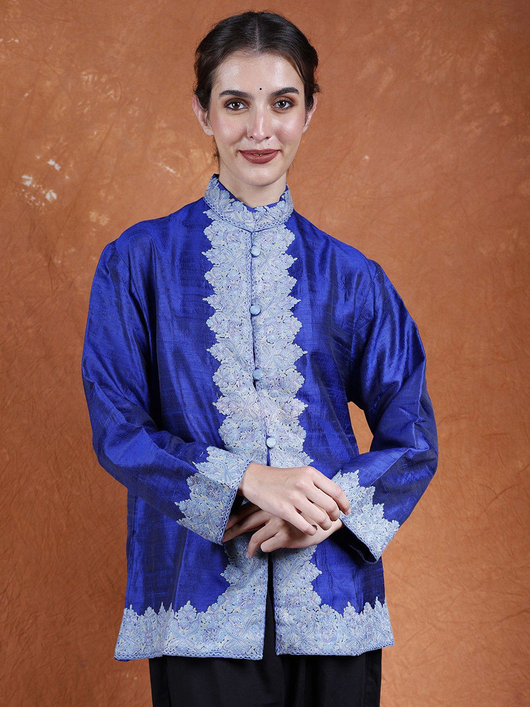 Exotic India Sodalite Blue Matka-Silk Plain Kashmiri Short Jacket with Aari Embroidery