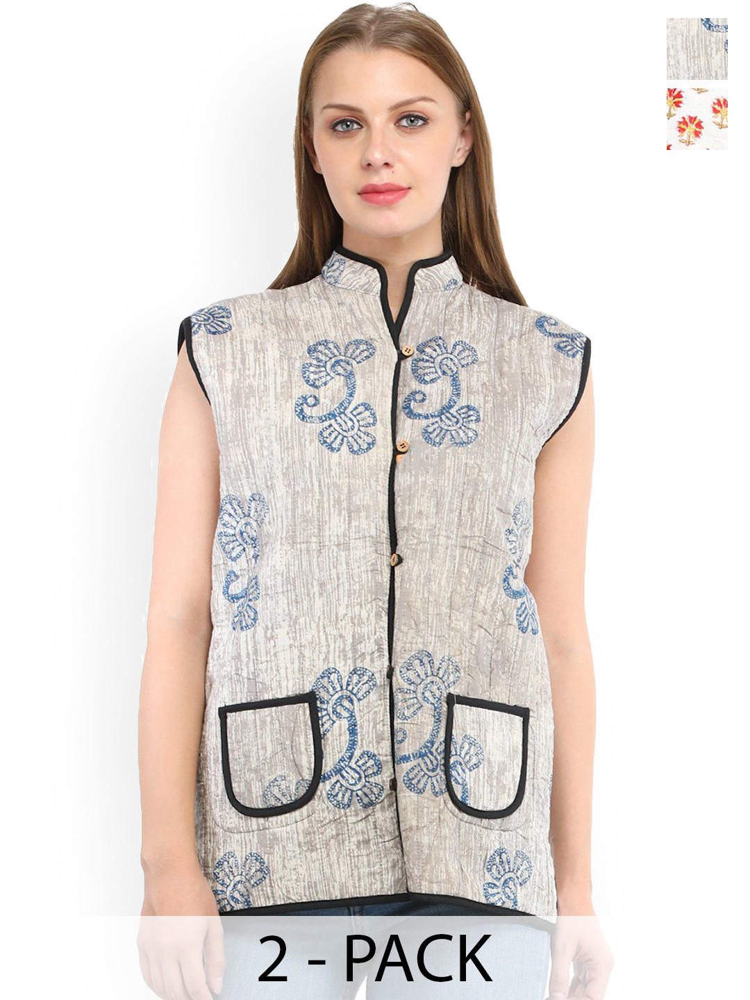 Exotic India Off White and Oatmeal Pure Cotton Reversible Block Printed Flowers Jacket