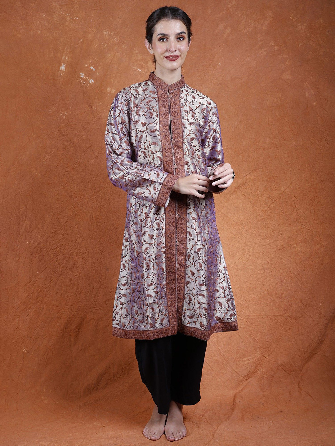 Exotic India Paisley Jaal Hand-Aari Embroidered Kashmiri Long Jacket