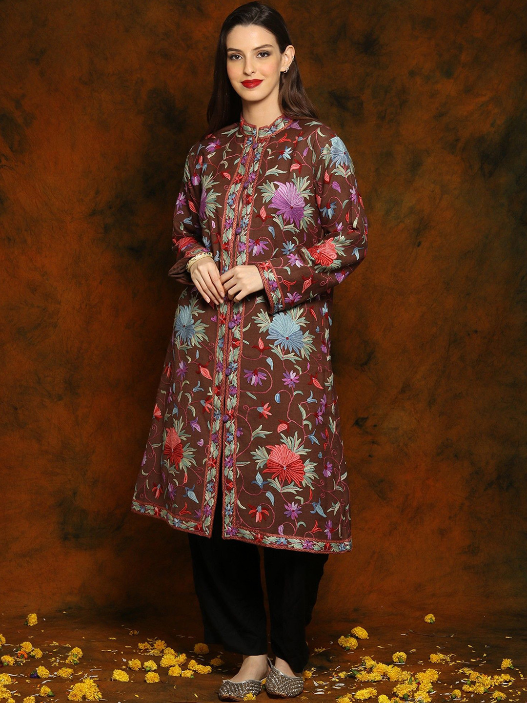 Exotic India Chocolate Brown Woolen Kashmiri Long Jacket with Aari Embroidered Flowers
