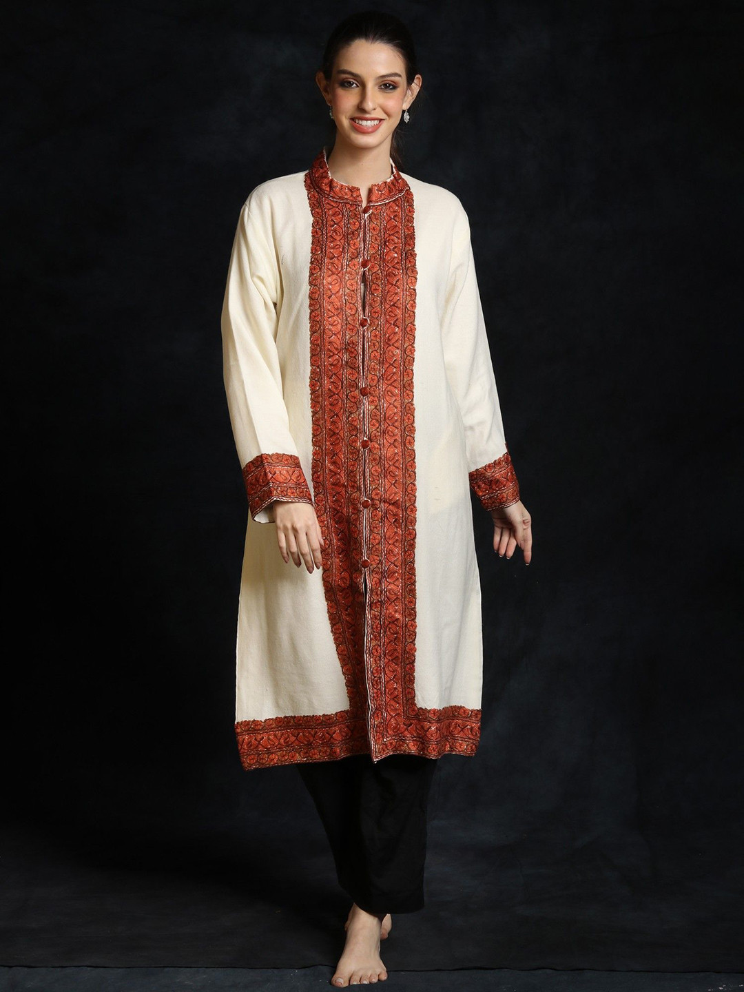 Exotic India Women Woollen Embroidered Long Kashmiri Tailored Ethnic Jacket