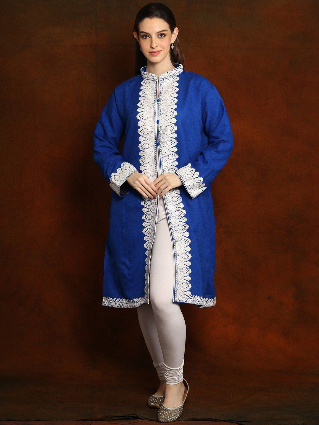 Exotic India Pure Wool Royal Blue Aari Embroidered Kashmiri Long Jacket