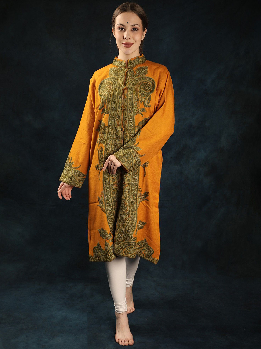 Exotic India Autumn Blaze Pure Wool Long Kashmiri Jacket with Aari Embroidery