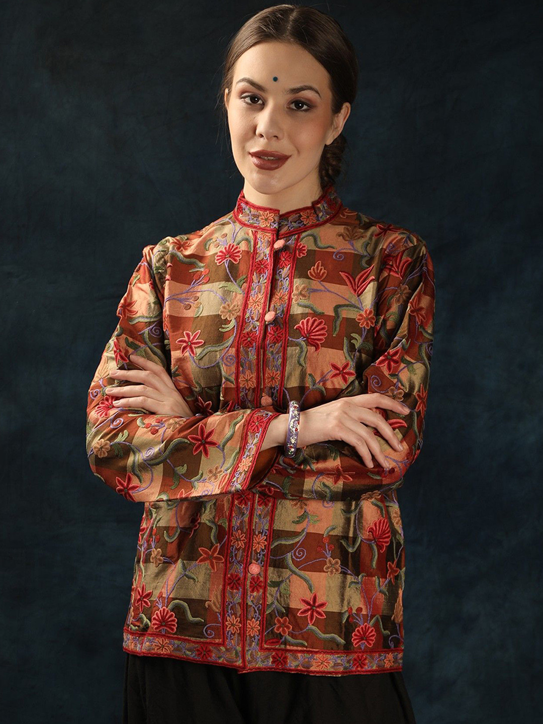 Exotic India Women Check Pattern Short Jacket with Aari Hand Embroidered Floral Jaal