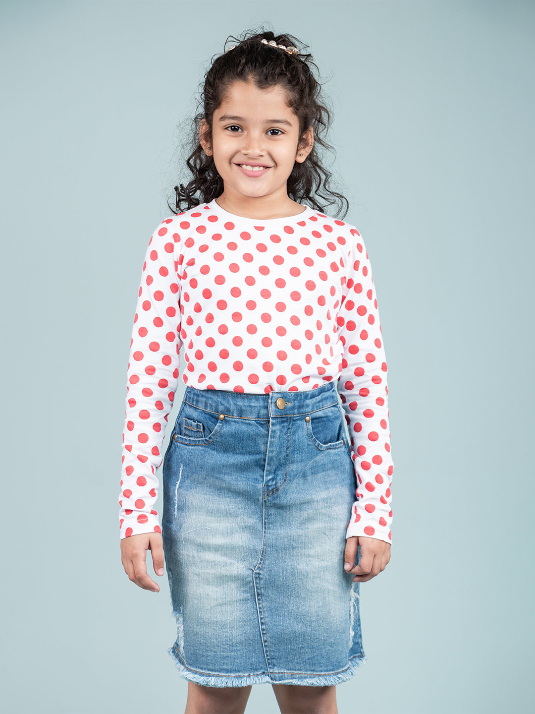 TWEENY MINI Girls Denim Skirt with Long Sleeves T-shirt