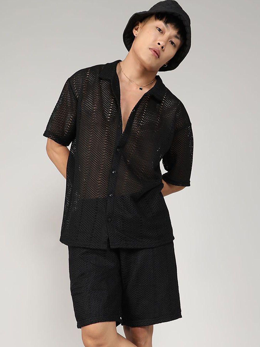 Campus Sutra Crochet Pure Cotton Shirt Collar Neck Shirt & Shorts Co-Ords
