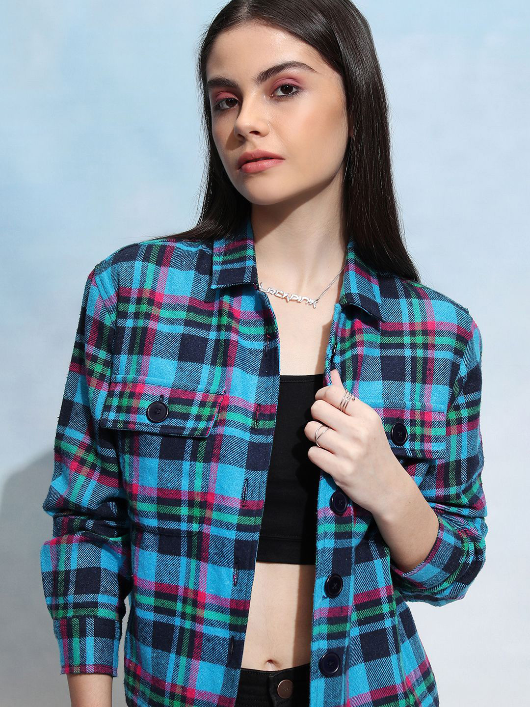 Tokyo Talkies Women Check Button-Down Overshirt