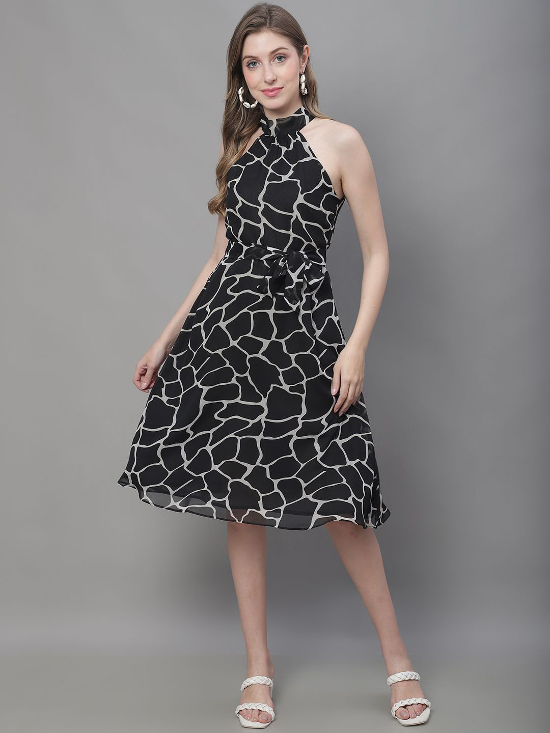 MINI & MING Print Halter Neck Georgette Fit & Flare Dress