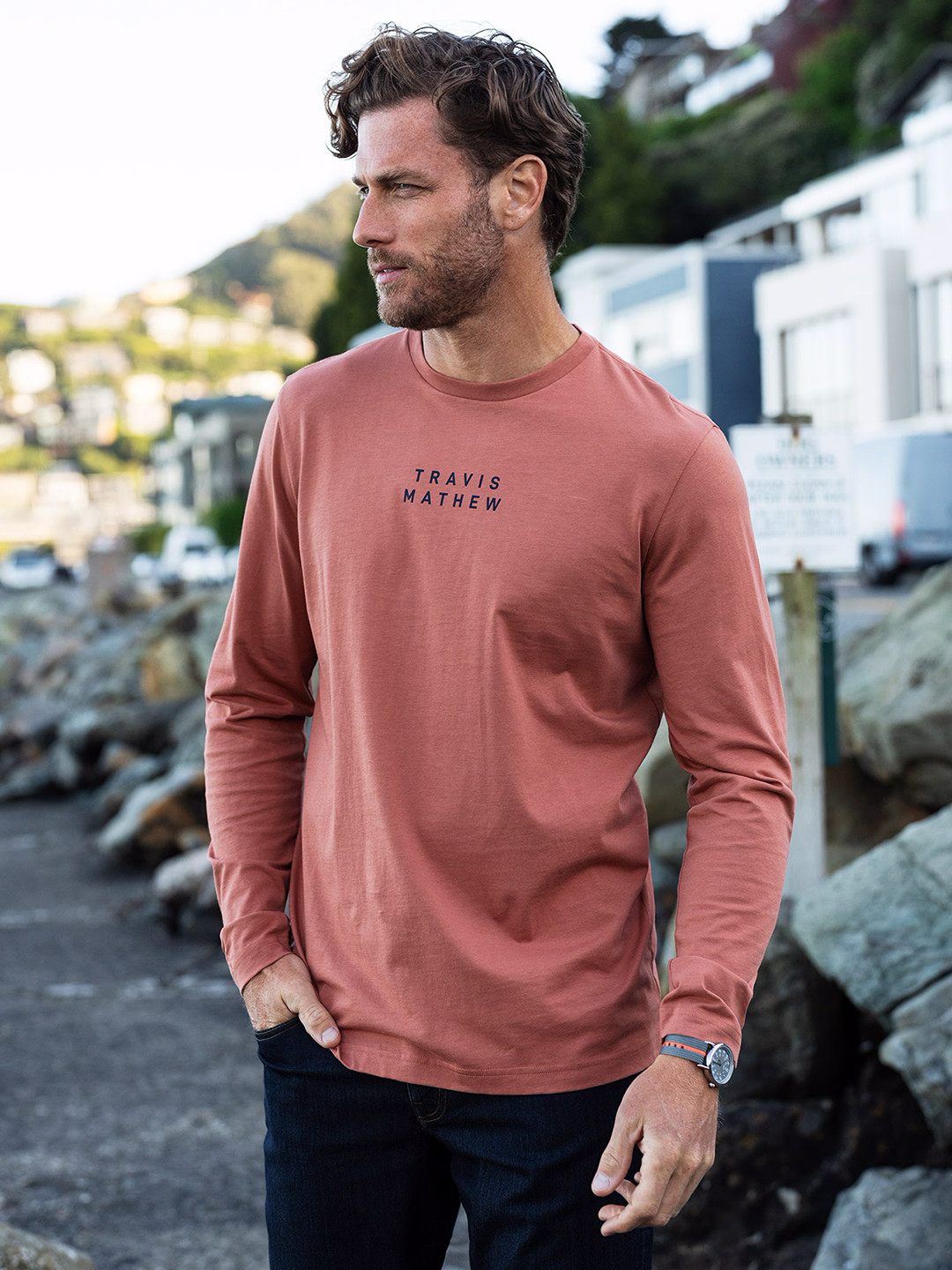 TRAVIS MATHEW Men Typography Printed Cotton T-shirt