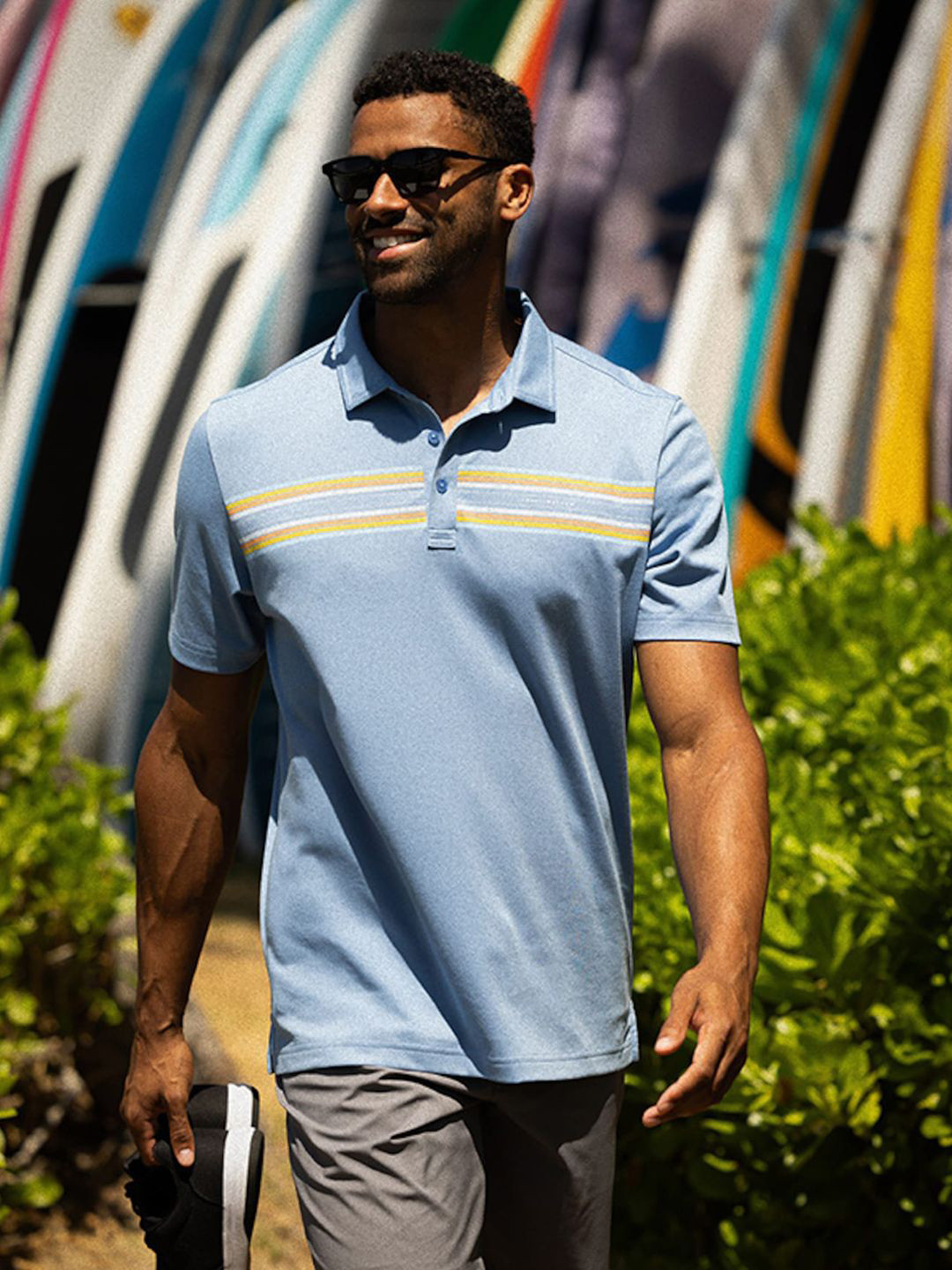 TRAVIS MATHEW Men Striped Polo Collar Pockets T-shirt