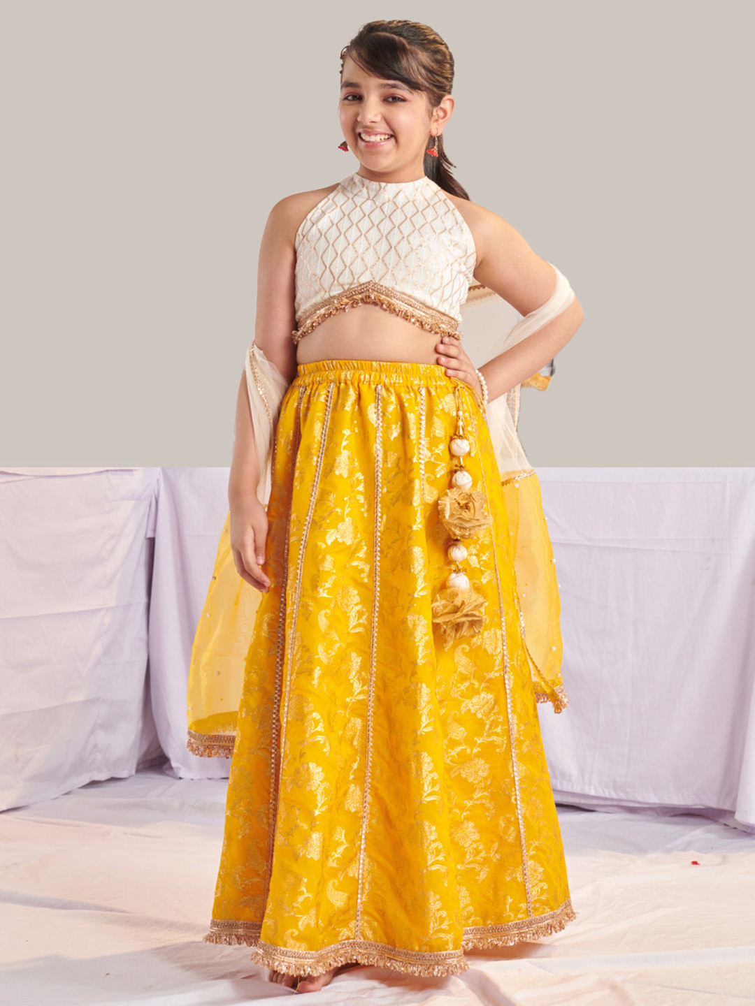 Pspeaches Girls Yellow And White Jacquard Lehenga Choli Dupatta Set