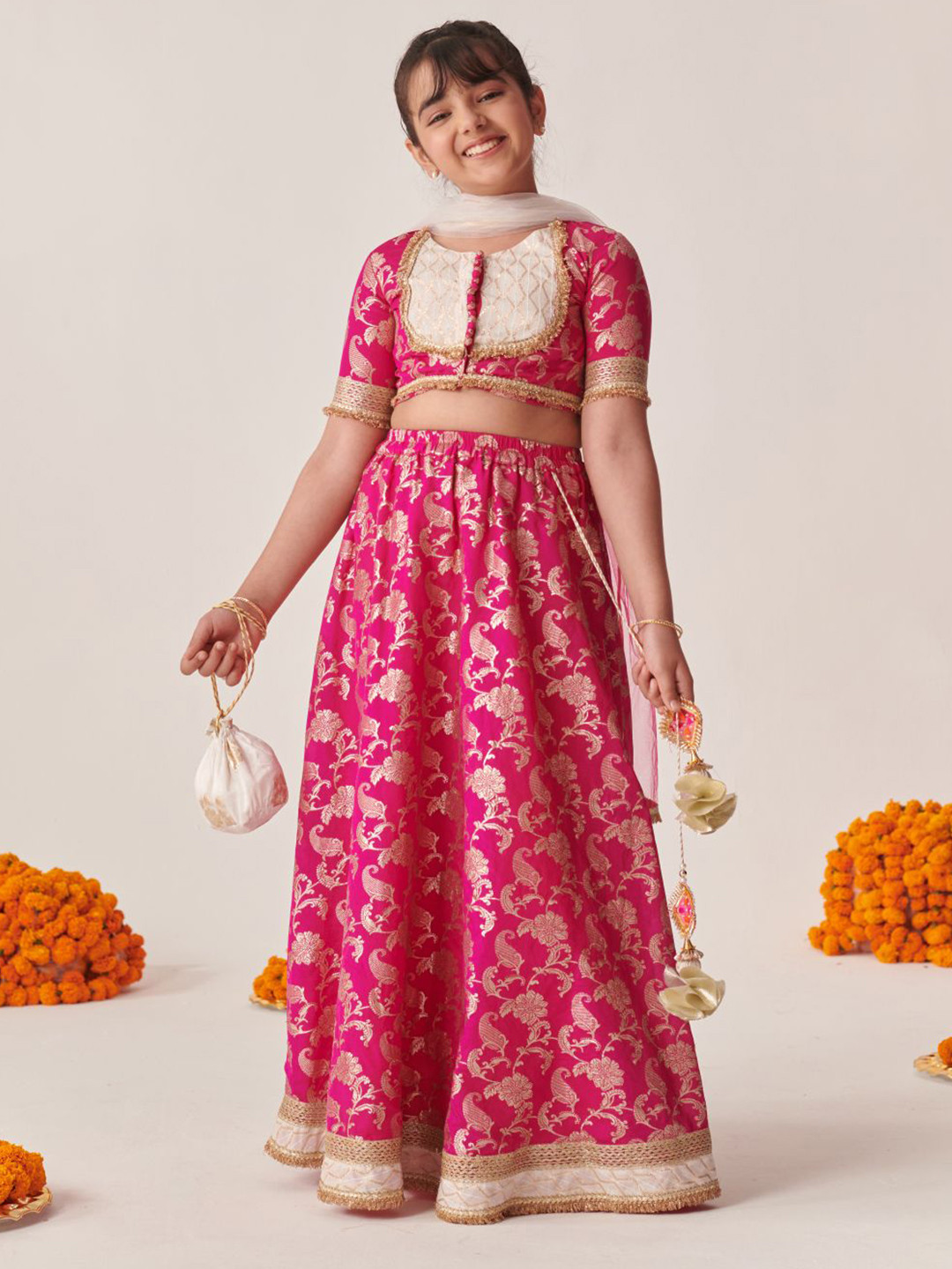 Pspeaches Girls Magenta Zari Brocade Lehenga Choli Dupatta Set