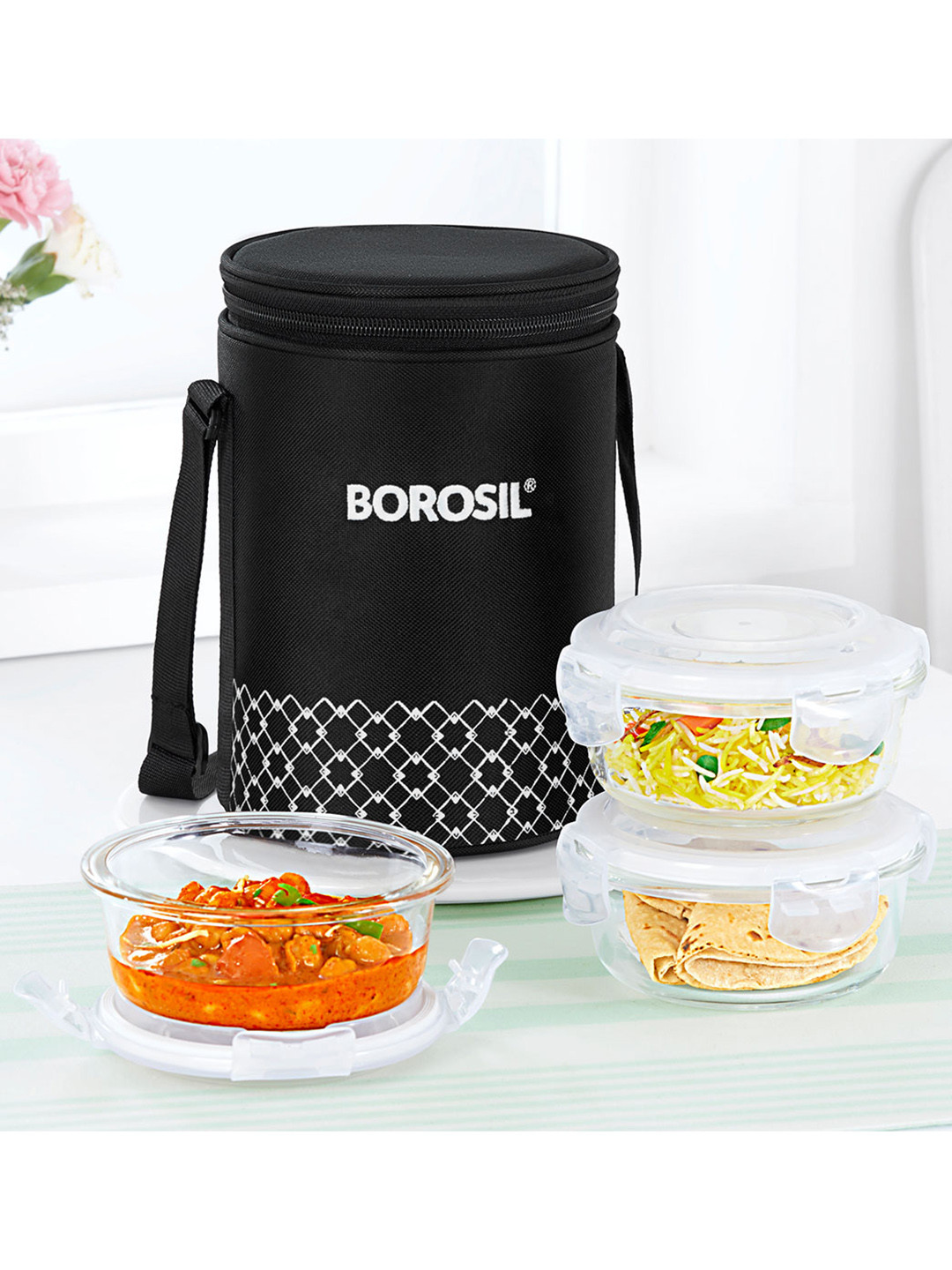 BOROSIL 3pcs Black & Transparent Glass Lunch Box With Insulated Lunch Bag 400 ml