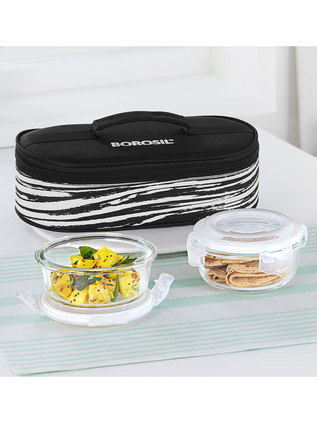 BOROSIL 2-Pcs Black & White Glass Lunch Box With Lunch Bag